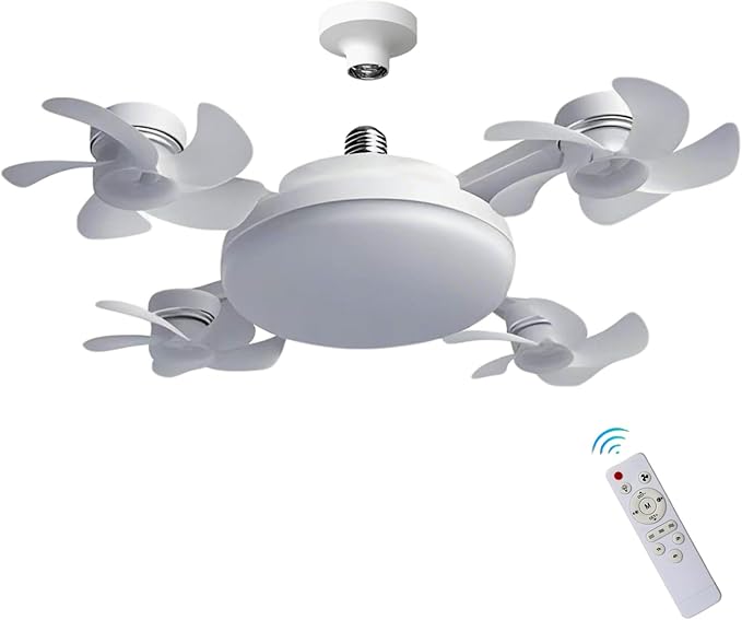 Ceiling fan with light fixture and remote control on a white background