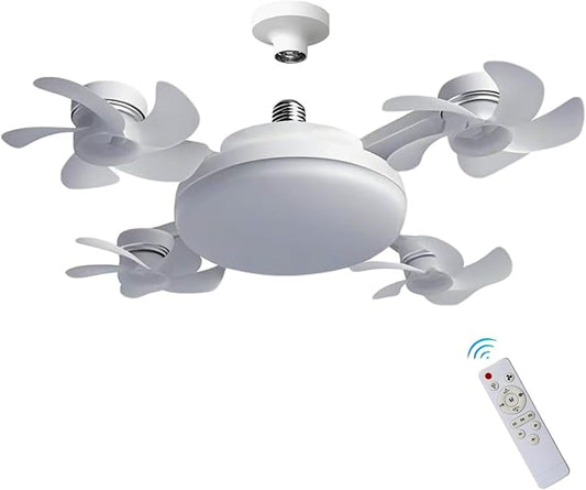 Ceiling fan with light fixture and remote control on a white background