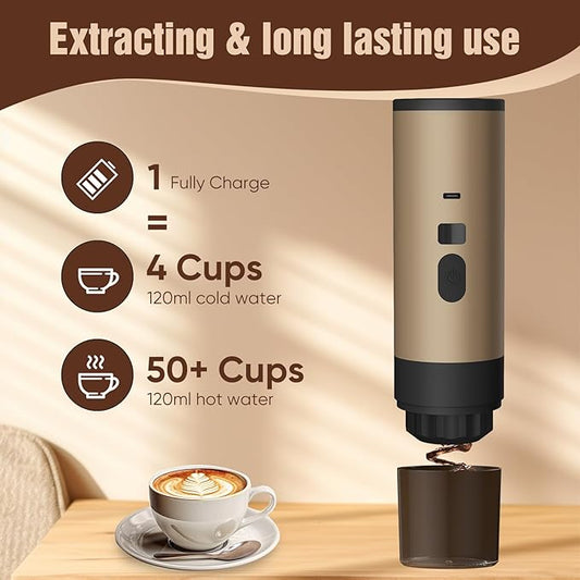 Portable coffee maker with charging indicator and water usage information on a wooden surface.