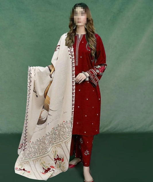 3 PCs women unstitched embroidered suit